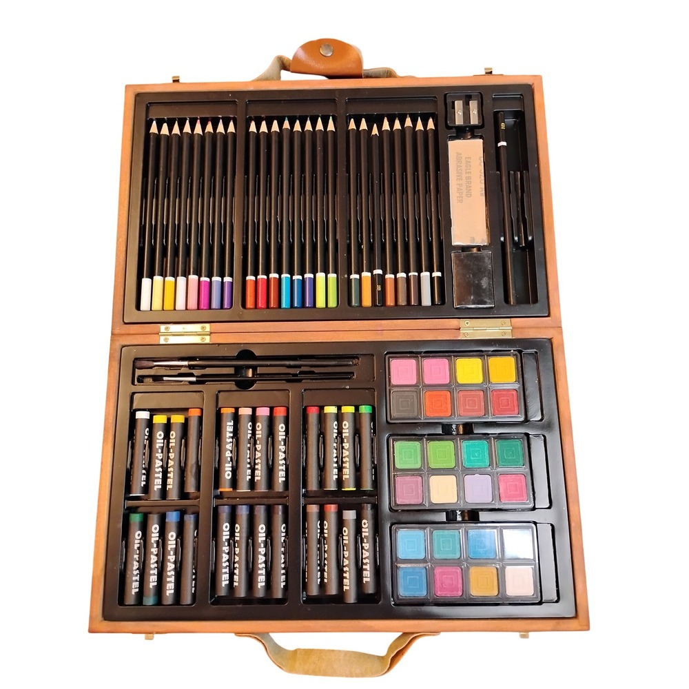 Deluxe Mixed Media Art Set in Wooden Case Oil Pastels Pencils Watercolors